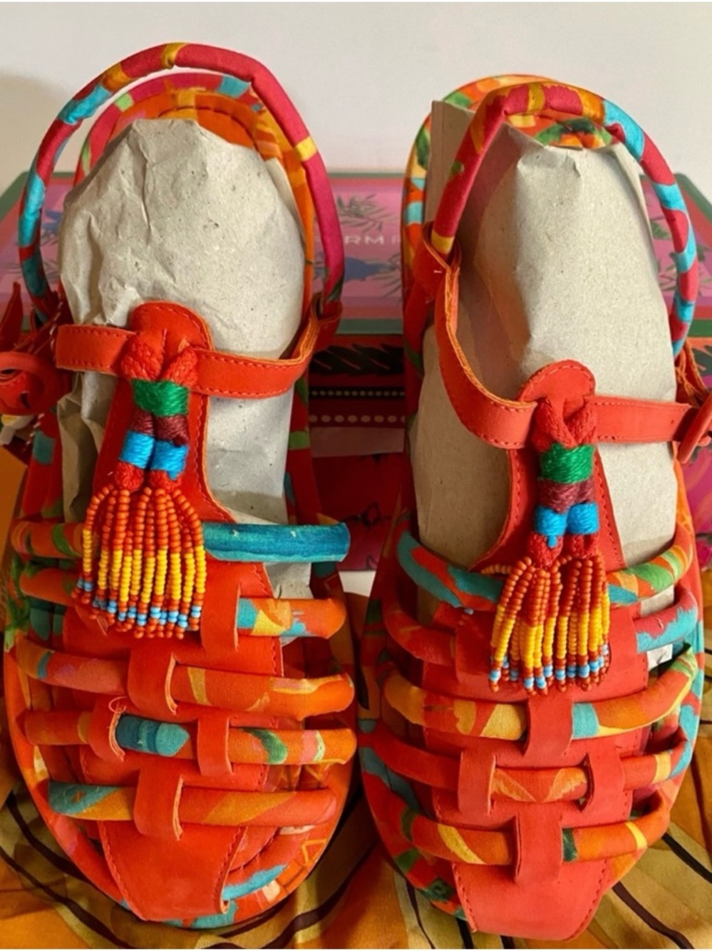 230$ NWB Farm Rio Colorful Beaded Tropical Sandals with Dust Bag.Size 10